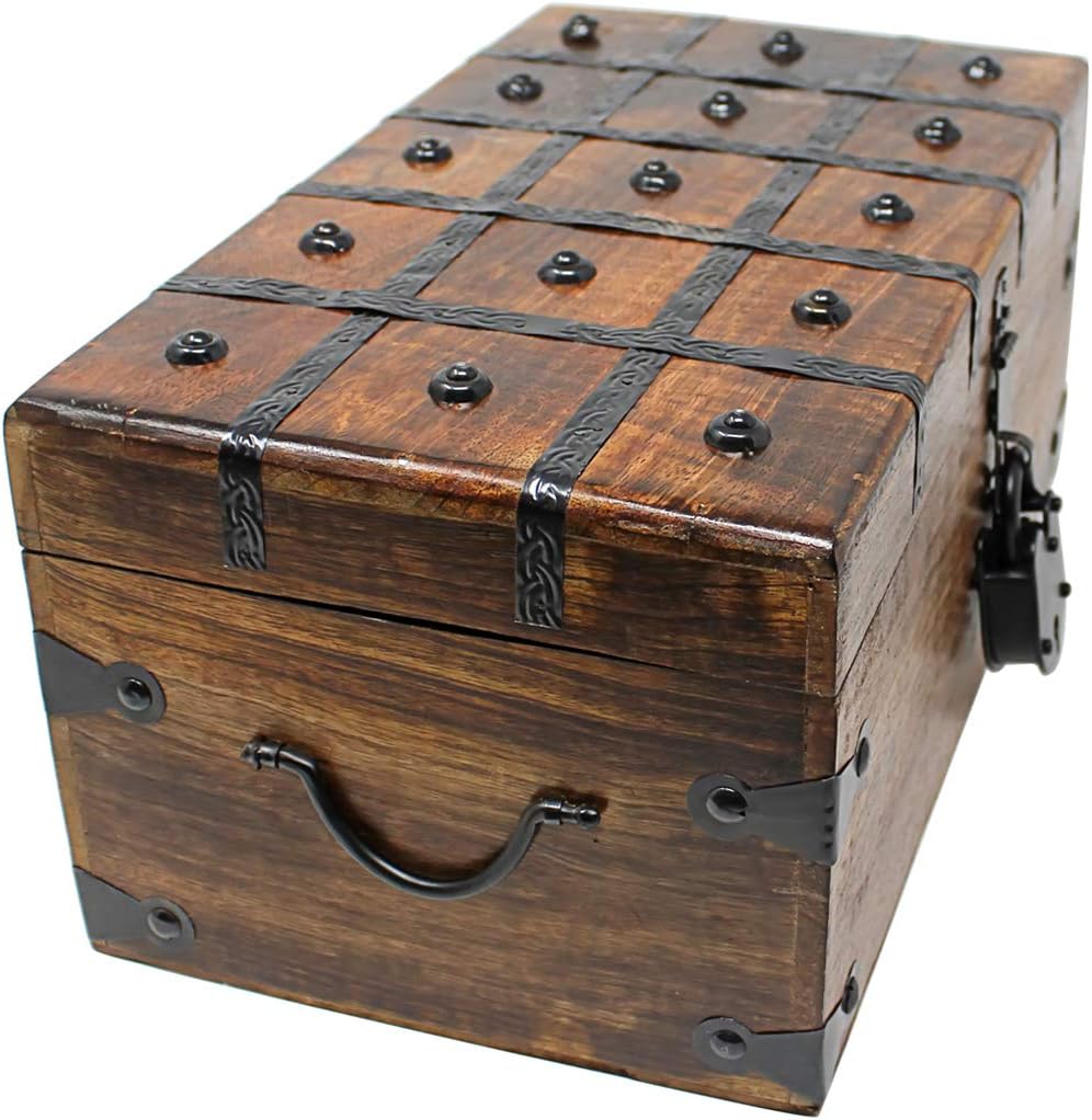 Nautical Cove Treasure Chest Wooden Box with Antique Iron Lock and Skeleton Key - Storage and Decor (Medium 12.25 x 6 x 5.5)