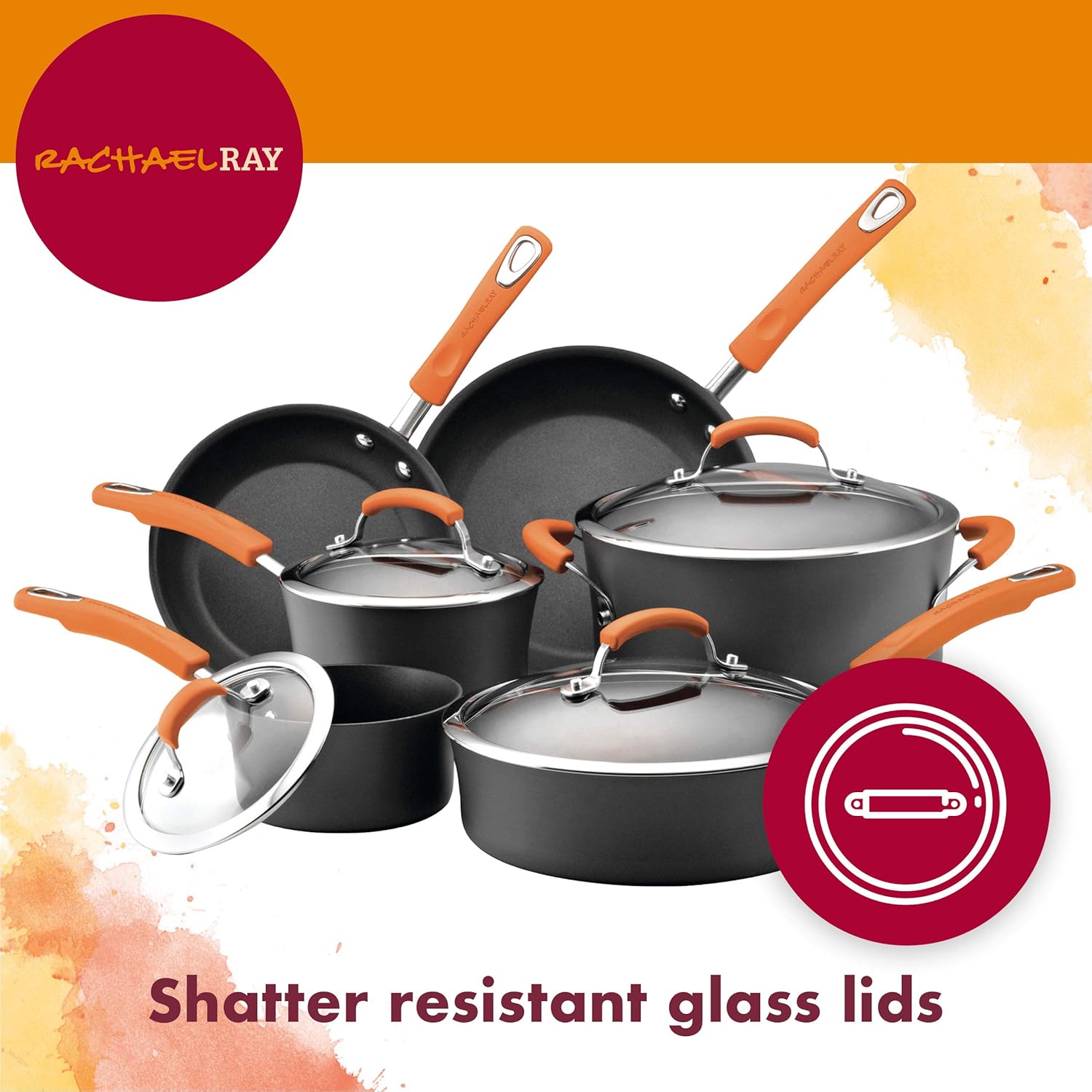 Rachael Ray Brights Hard-Anodized Aluminum Nonstick Cookware Set with Glass Lids, 10-Piece Pot and Pan Set
