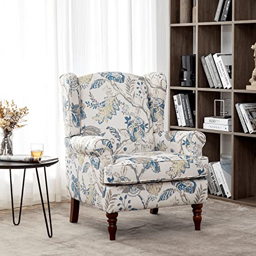 MELLCOM Floral Accent Chair, High Back Upholstered Armchair with Solid Legs, Leisure Single Sofa Chair for Living Room, Bedroom, Home Office