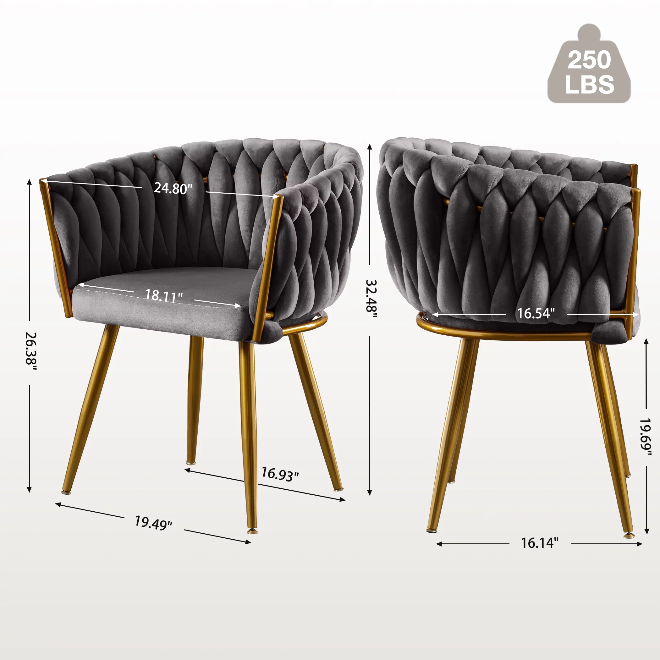 JONPONY Velvet Dining Chairs Set of 2, Modern Woven Upholstered Dining Chairs with Gold Metal Legs,Luxury Tufted Dining Chairs for Living Room
