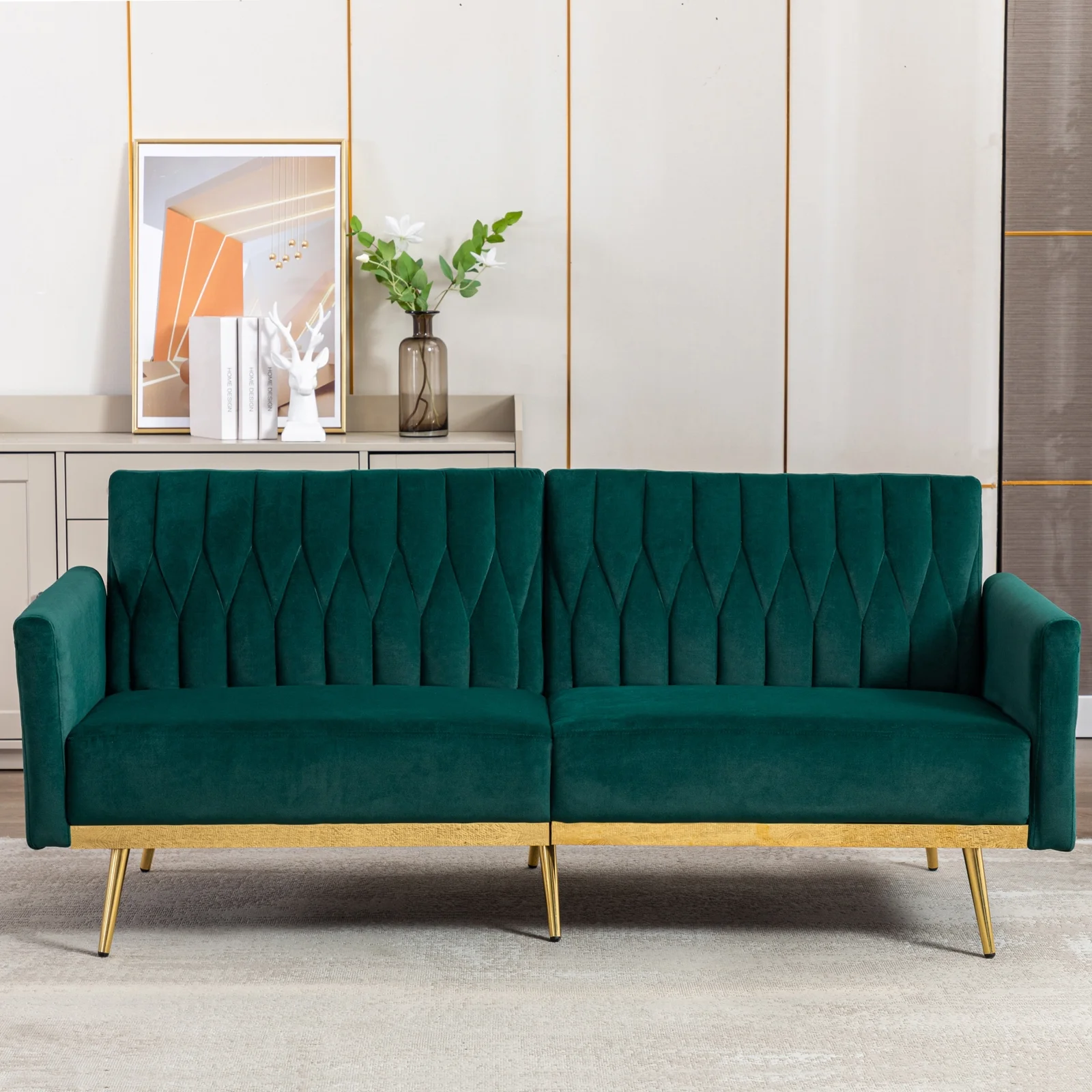 TTGIEET Velvet Convertible Futon Sofa Bed with Golden Metal Legs