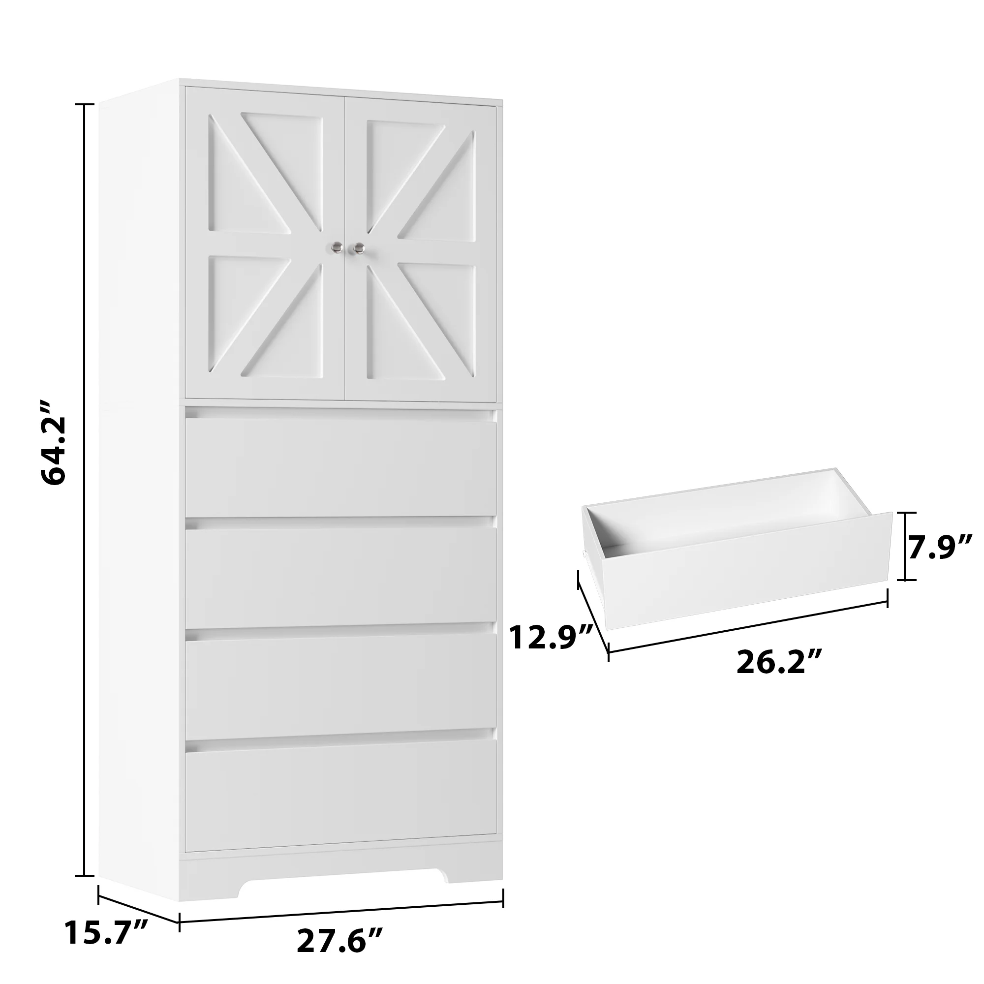 Homfa 64.2'' Tall Farmhouse Kitchen Pantry Storage Cabinet, 4 Drawer Wood Freestanding Storage Cabinet for Home Office Small Spaces, White