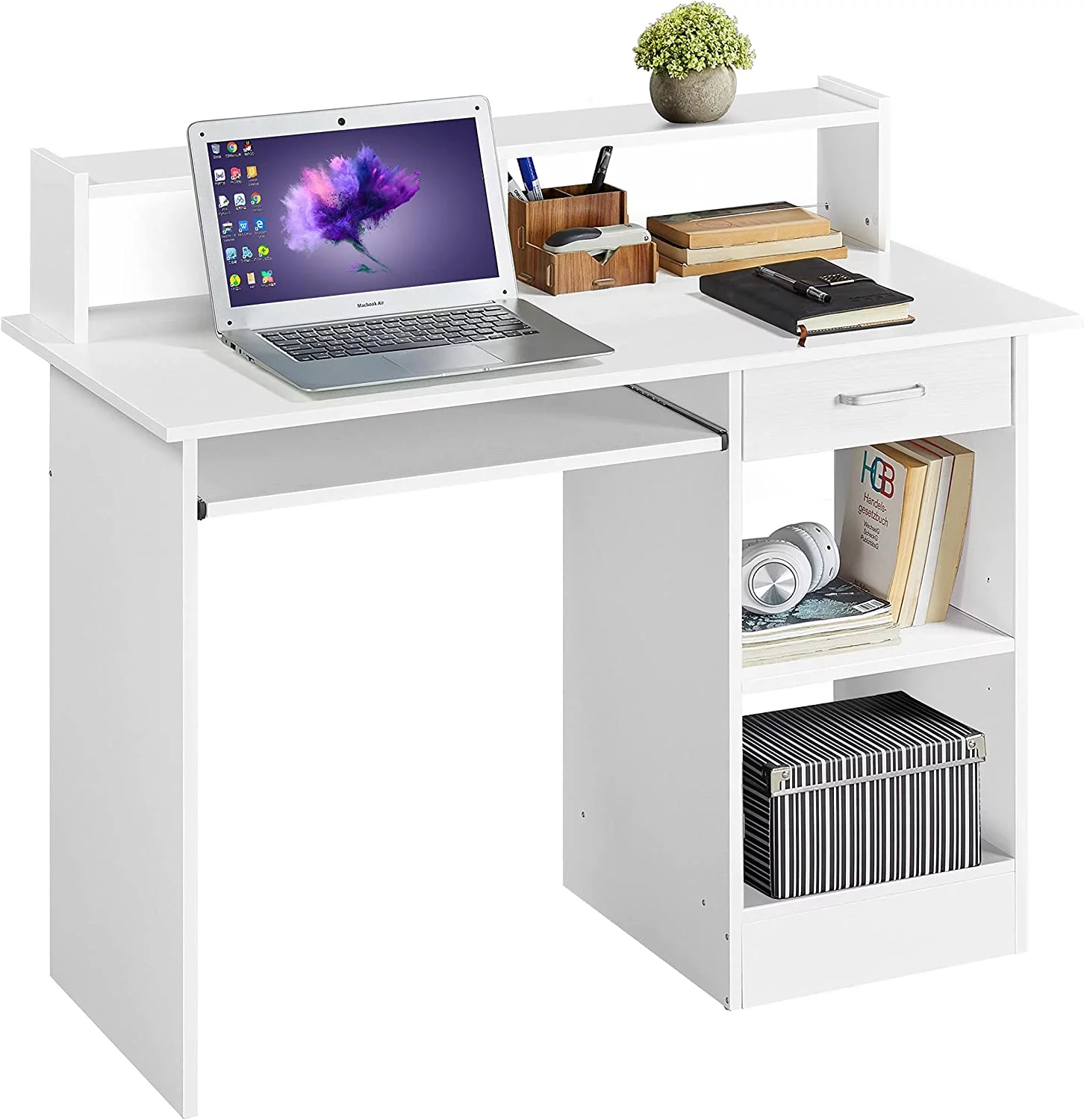 Home Office Wood Computer Desk with Keyboard Tray and Drawers, Students Writing Table with Storage Drawers & Hutch, Modern PC Laptop Desk