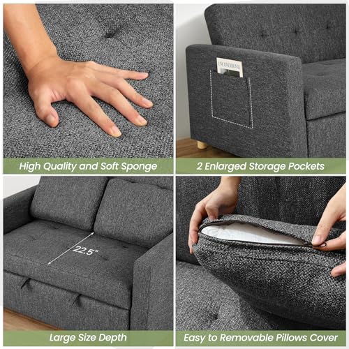 SEJOV 3-in-1 Convertible Sofa Bed, Linen Fabric Sleeper Couch Pull Out Bed, 49" 2-Seater Loveseat Futon Sofa with Spring Support