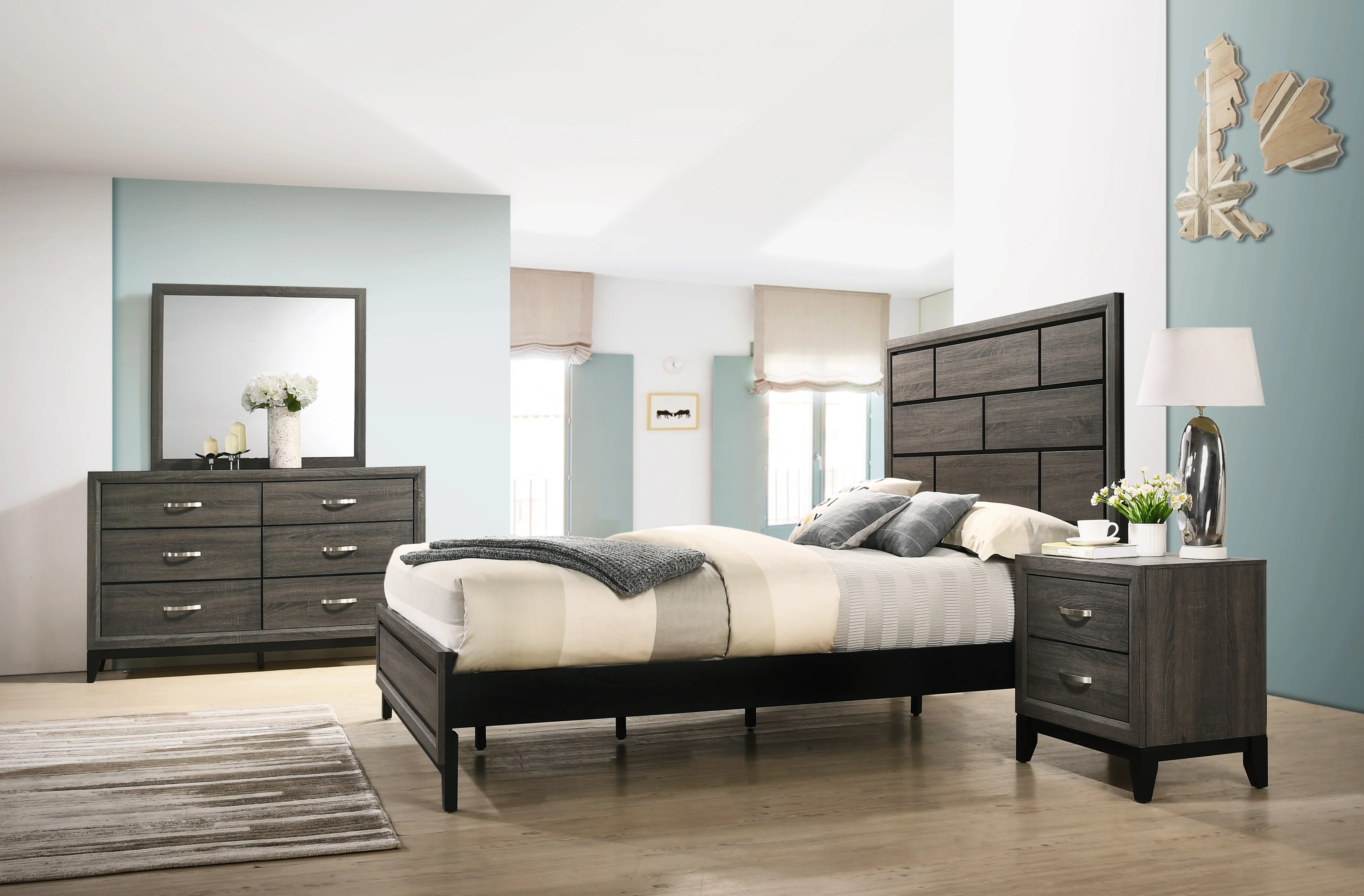 Stout Panel Bedroom Set with Bed, Dresser, Mirror, Nightstand, Chest, Wood, Dark Ash Gray, King Size