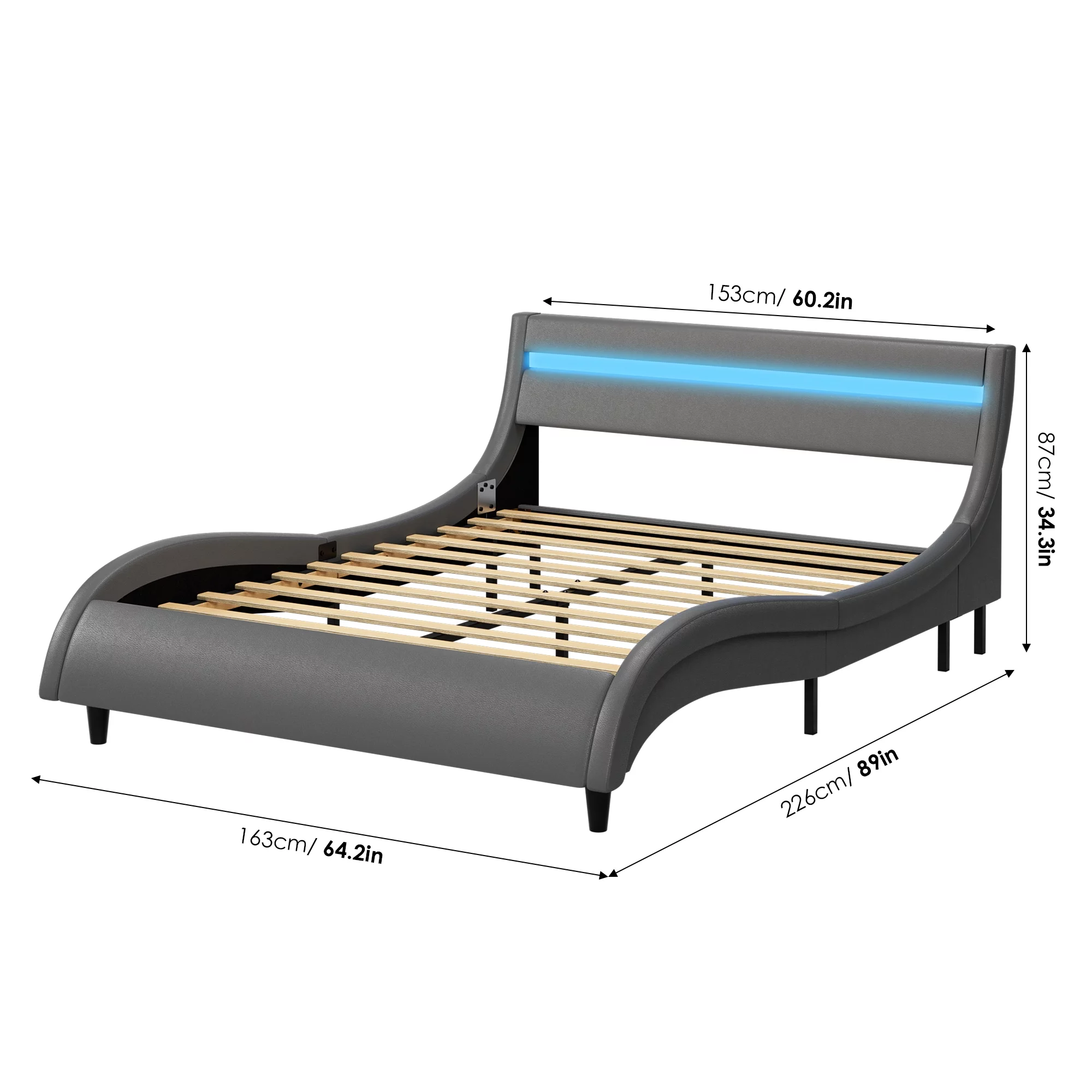 Homfa Queen Size Led Bed Frame, 16-Color Led Lights Platform Bed with Adjustable Upholstered Headboard, Gray