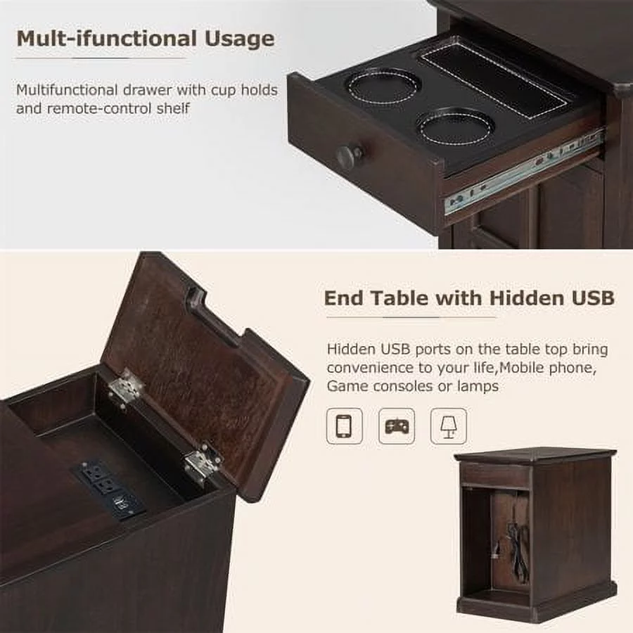Churanty Vintage End Table with USB Ports Drawer and Cup Holders, Sofa Side Table Bedside Nightstand Narrow Table for Living Room Bedroom