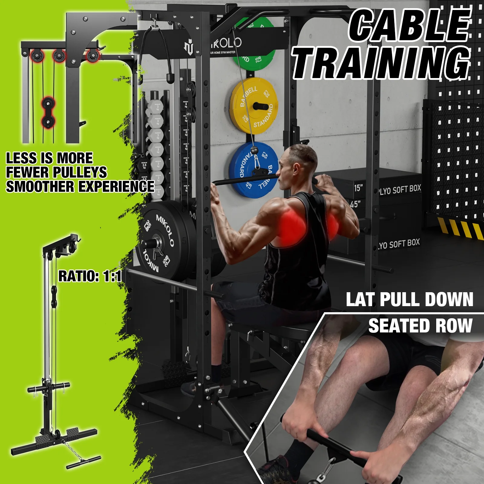 Mikolo Power Rack Cage with LAT Pulldown System,1200LBS Capacity Power Rack, Multi-Functional Squat Rack with 13-Level Adjustable Height and J-Hooks