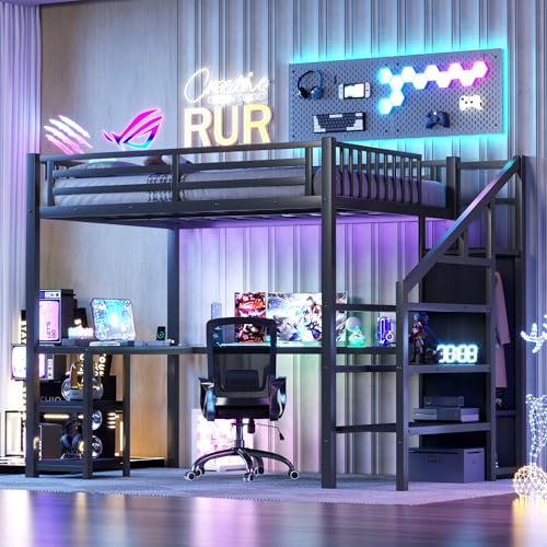 Loft Bed with Desk Queen Size, Gaming Loft Bed with LED Light for Adults, Heavy-duty Loft Beds Frame with Stairs & Wardrobe & Storage Shelves