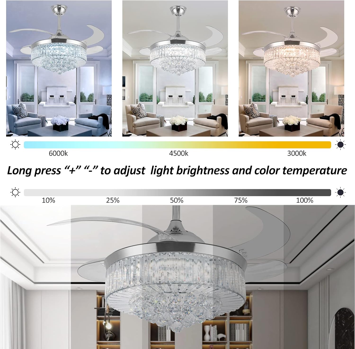 36 Inch Crystal Ceiling Fans with Lights