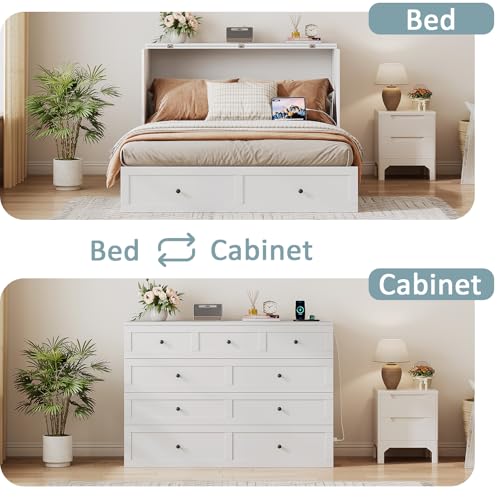 Queen Murphy Bed with Storage & Charging Station, Murphy Cabinet with Foldable Panel, Noisy Free, for Guest Bedroom, Living Room, Office