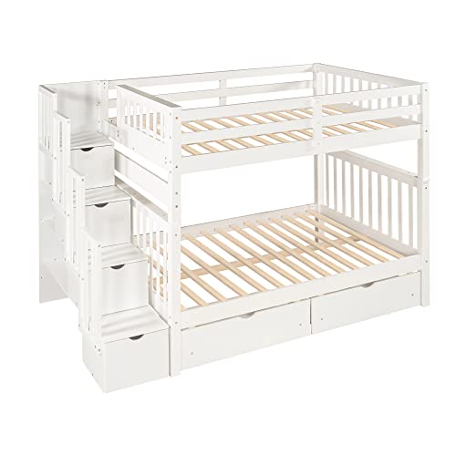 Ball & Cast Twin-Over-Twin Bunk Bed with Twin-Size Trundle and 3 Storage Stairs,Wood Bunkbed w/Full-Length Guardrails,Slat Support
