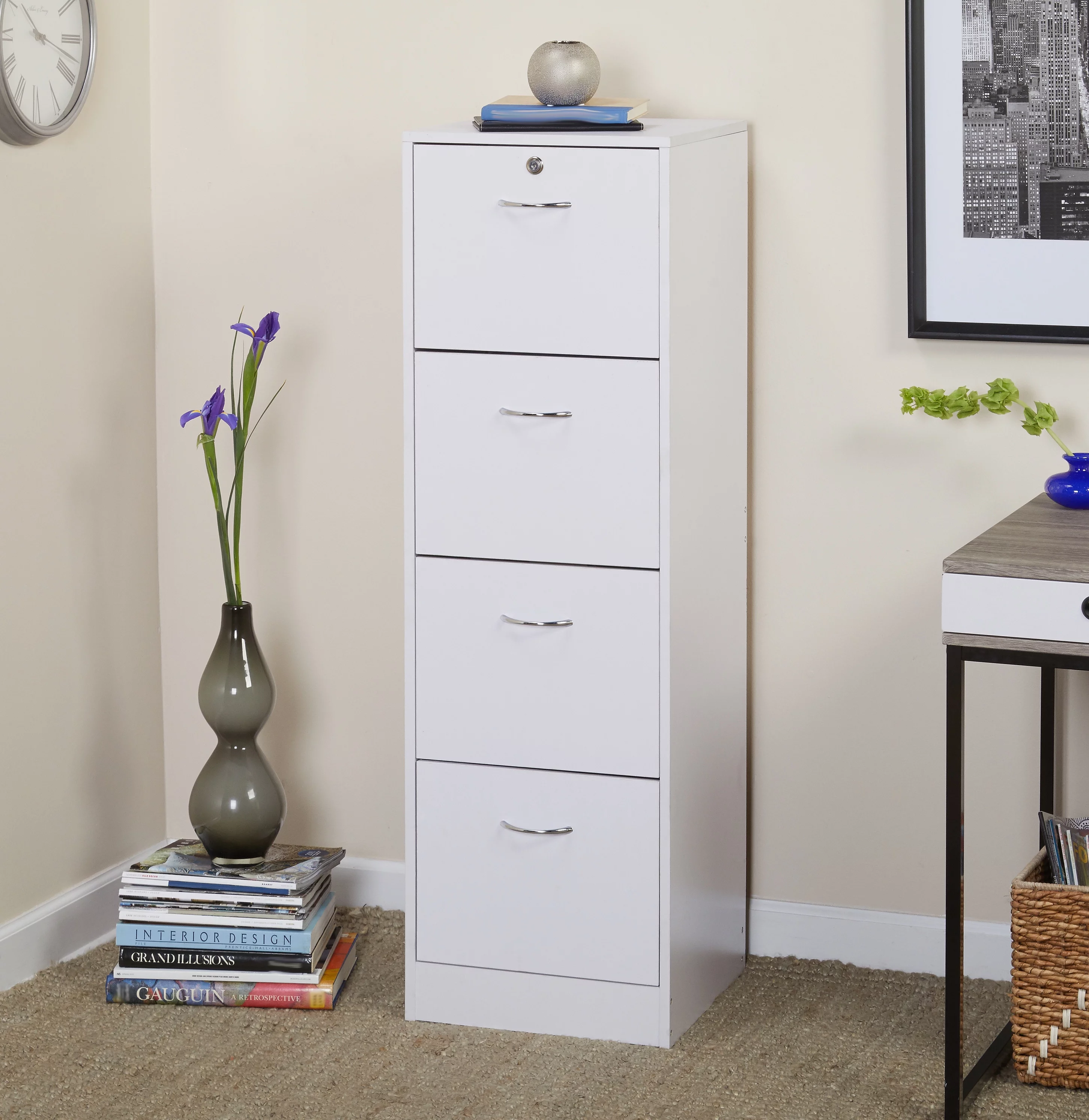 Wilson 4 Drawer Wood Vertical Lockable Filing Cabinet, White - Radiant Selections