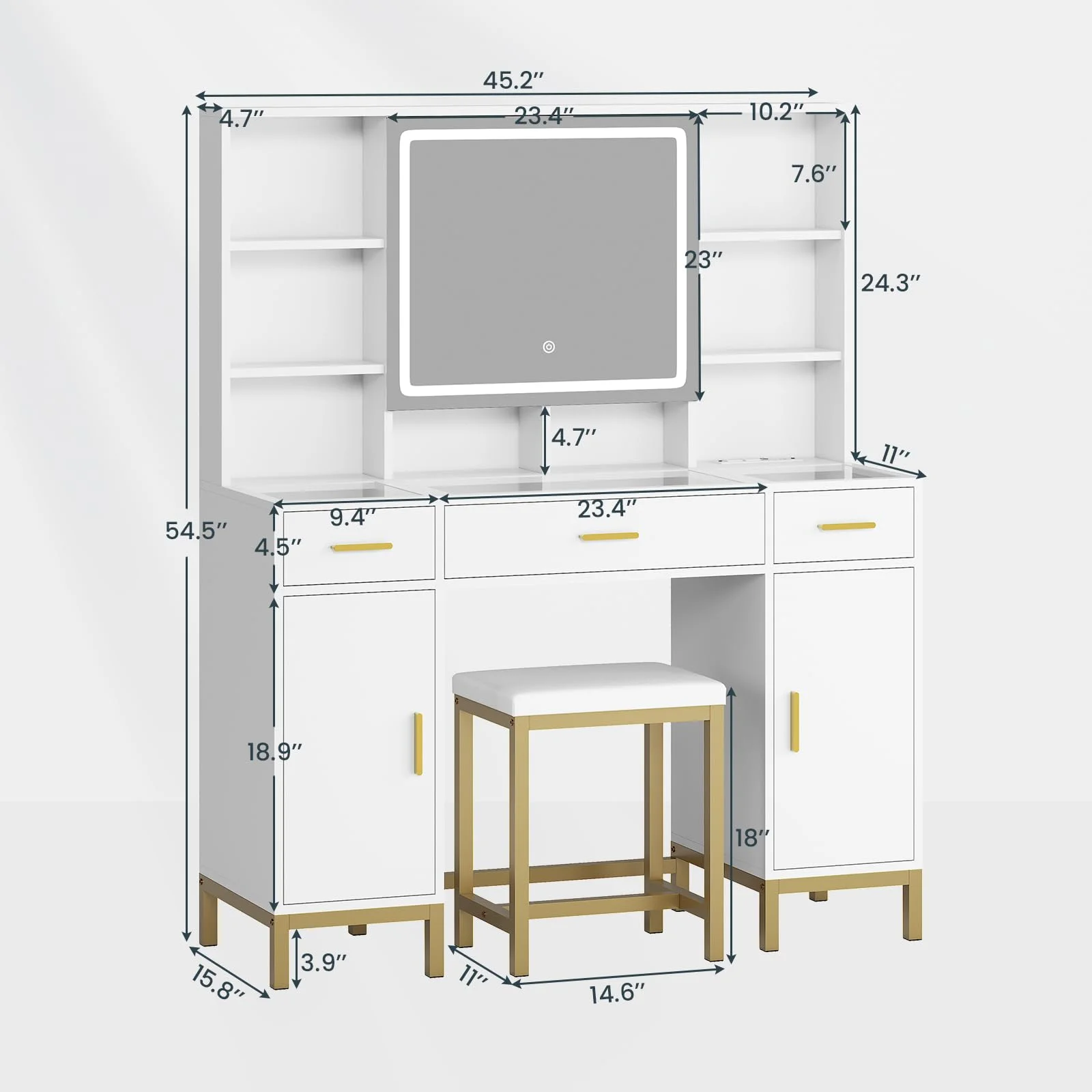 Afuhokles Vanity Set with Lighted Mirror and Charging Station, Vanity Desk Makeup Vanity with Big Glass Desktop,Compartment Storage