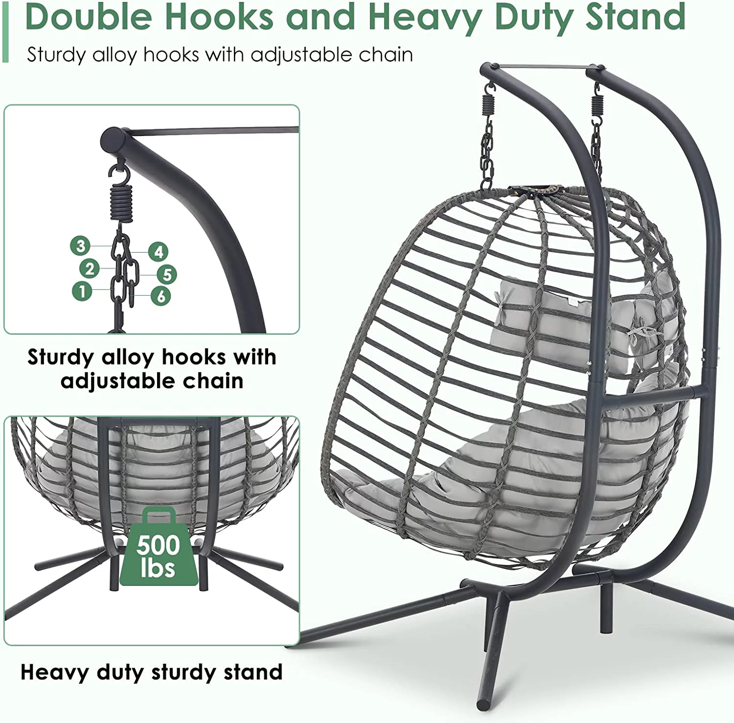 Brafab 2 Person Swing Egg Chair with Sturdy Stand and Fluffy Cushion, Large Double Hand-Woven Wicker Rattan Hanging Egg Chairs