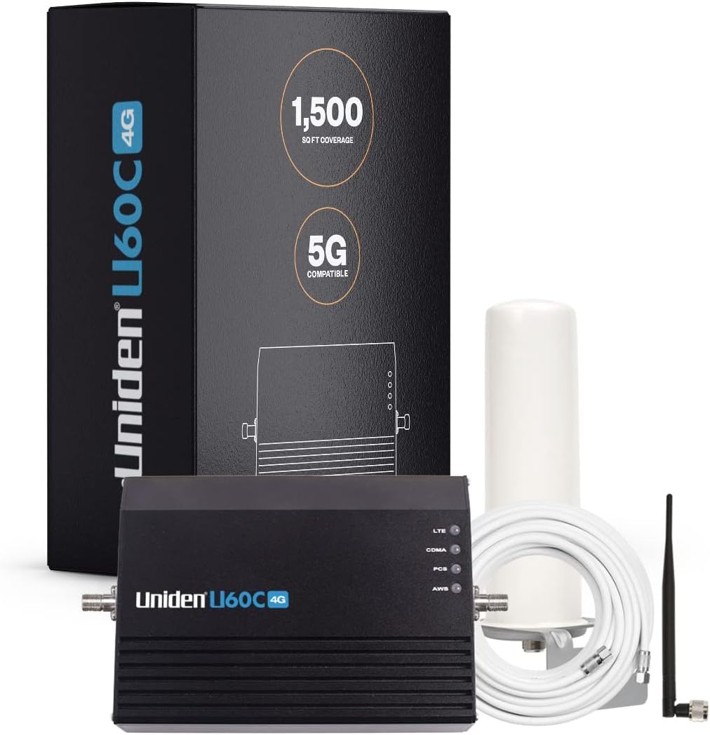 Uniden U60C Cell Phone Signal Booster | Omni/Whip Antenna - 75 Ohm| Boosts 3G/4G/LTE | 5G Ready | Up to 1,500 sq ft | for All US Carriers - Verizon