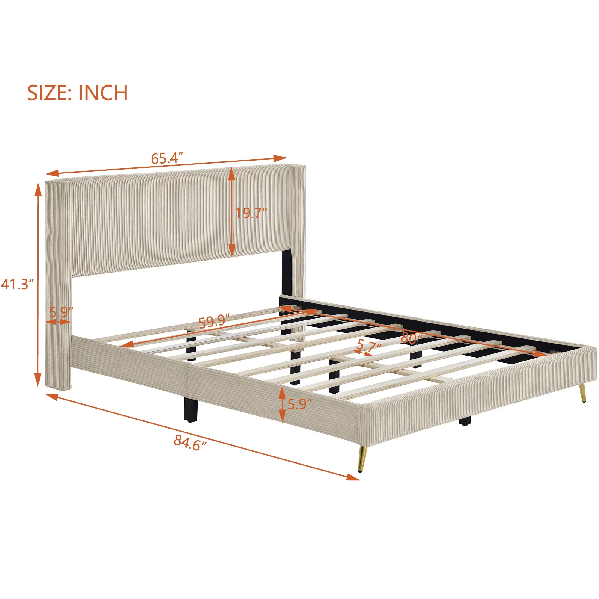 Morden Corduroy Upholstered Queen Bed Frame with Upholstered Headboard No Box Spring Needed Wood Low Profile Platform Bed with Metal Legs
