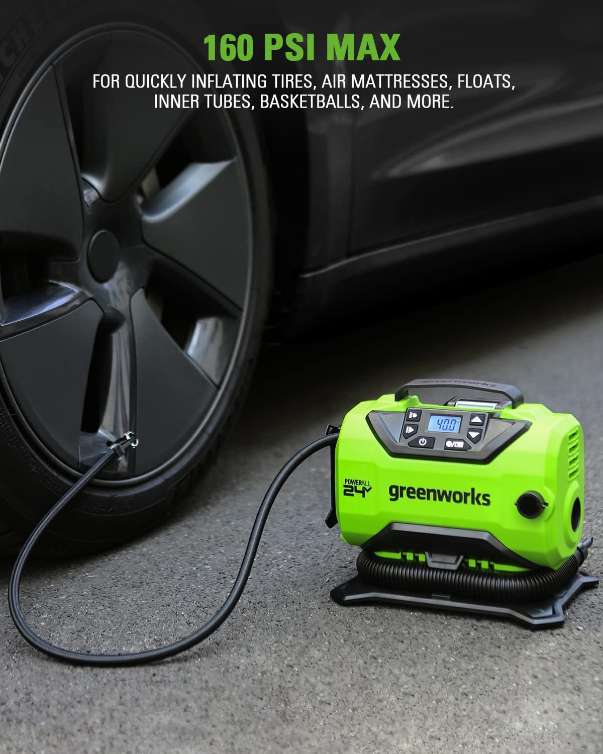 Greenworks 24V Portable Air Compressor - Cordless Tire Inflator Air Pump, MAX 160 PSI, 2 Power Sources, Auto Shut Off, for Car, Bicycle, Motocycle