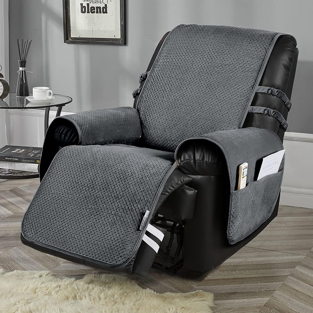 STONECREST Recliner Chair Cover, Water Resistant Velvet Quilted Slipcover, Washable Furniture Protector with Strapes to Stay in Place (Camel/Grey