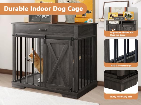 Aoowow Large Double Dog Crate Furniture 72.4" Indoor Dog Kennel with Sliding Barn Door and Divider