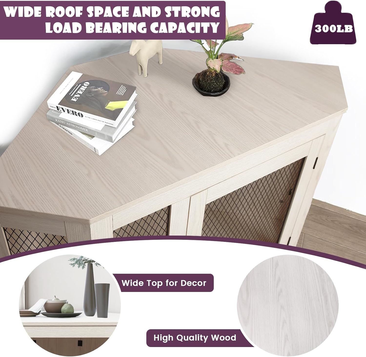 OFIKA Corner Dog Crate Furniture, Wooden Corner Dog Kennel Side End Table with Metal Mesh