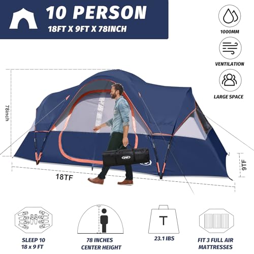 UNP Camping Tent 10-Person-Family Tents, Parties, Music Festival Tent, Big, Easy Up, 5 Large Mesh Windows, Double Layer, 2 Room, Waterproof