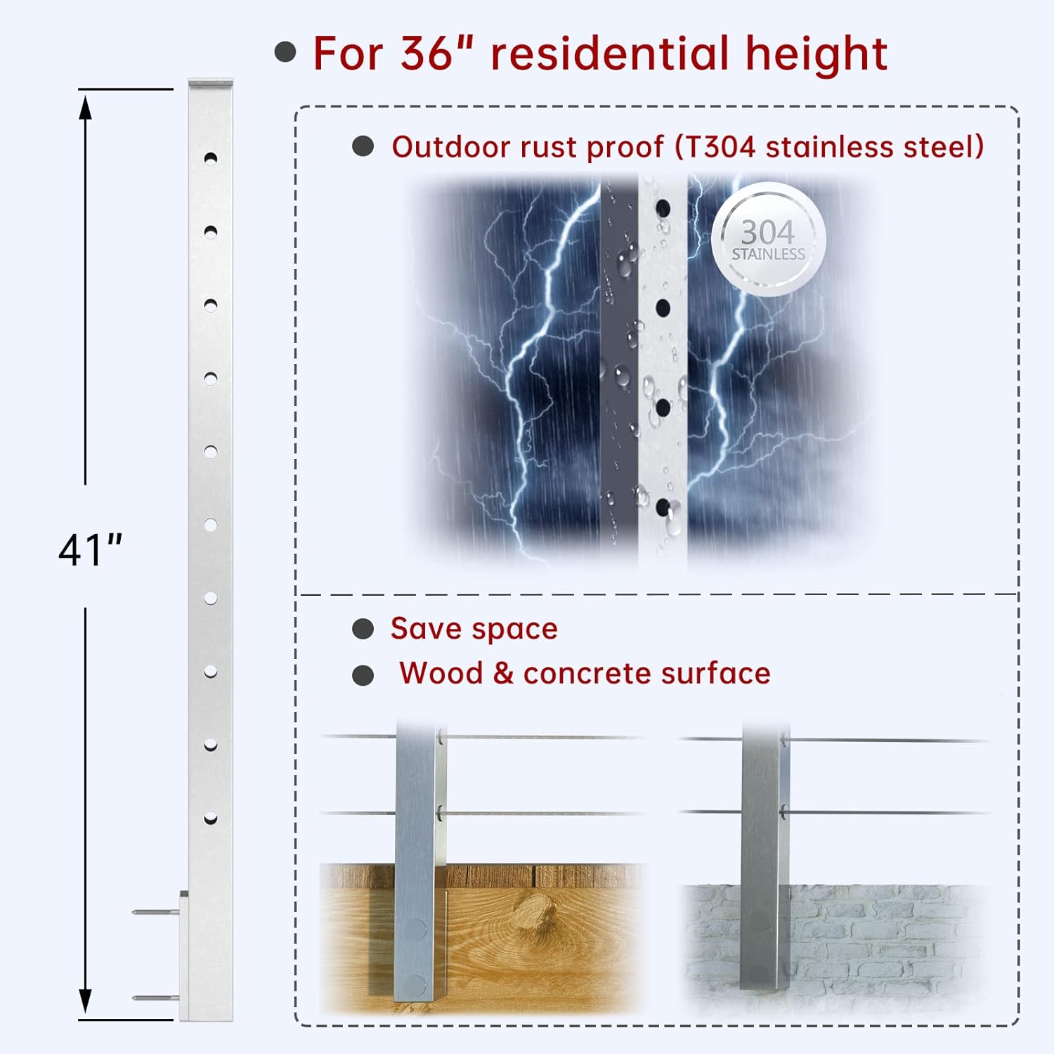 Muzata 4PACK Cable Railing Side Mounted Post Square Brushed 36''x2''x2'' Stainless Steel Pre-Drilled for Wood Concrete Surface Mount Level Deck