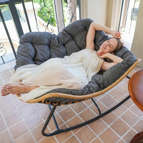 SWITTE Outdoor Rocking Chair, Oversized Patio Papasan Rocker, Comfy Wicker Reading Lounge, Indoor Egg Chair for Bedroom, Living Room, Porch, Garden