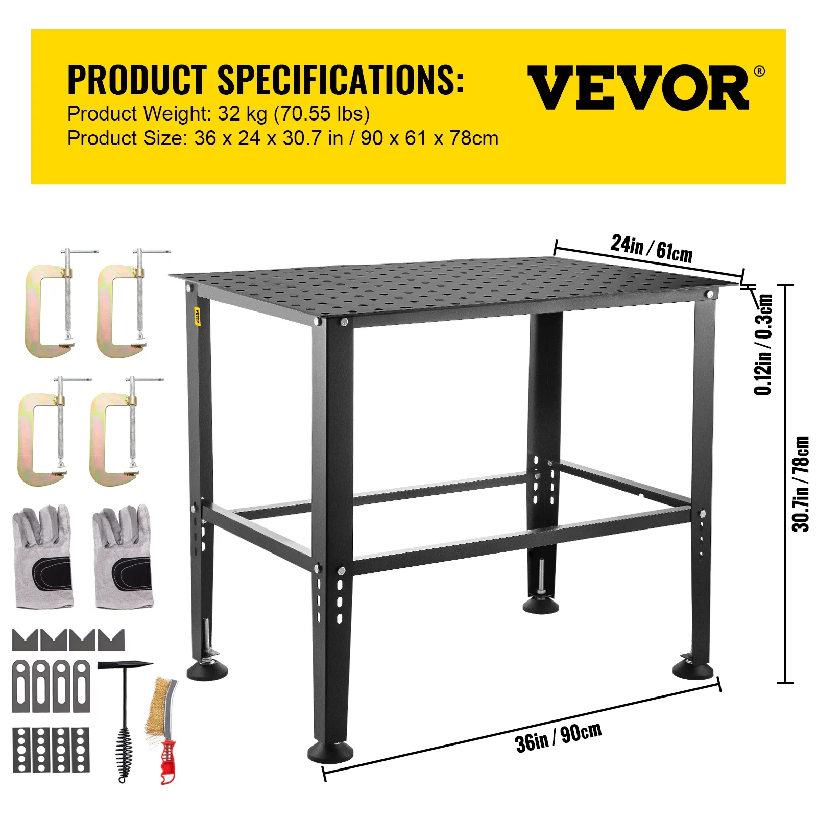 VEVORbrand Welding Table, 36 x 24 Adjustable Workbench, 0.12 Thick Industrial Workbench, 600lb Load Capacity Metal Workbench