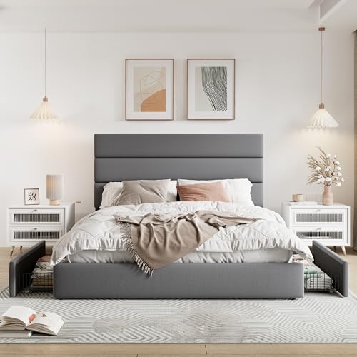 Allewie Modern Full Size Platform Bed Frame with 4 Storage Drawers and Velvet Upholstered Headboard, Wooden Slats Support