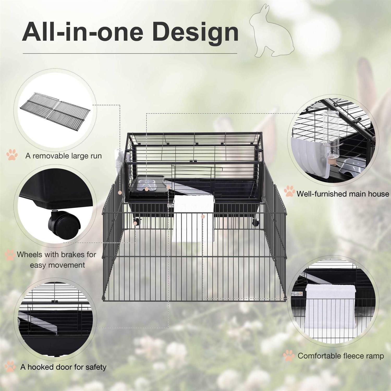 PawHut Rolling Metal Rabbit Guinea Pig or Small Animal Hutch Cage with Main House and Run - Pet Supplies online store