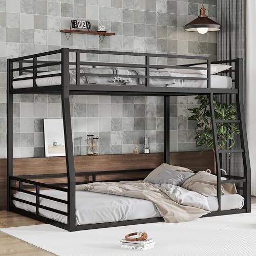 Heavy Duty Bunk Bed Frame with Ladder, Twin XL Over Twin XL Bunk Beds with Safety Guardrails, Adults Bunk Beds with Noise-Reducing Rubber Stoppers