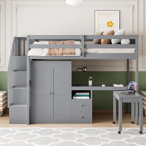 Harper & Bright Designs Twin Size Loft Bed with Stairs and Bookshelf, Wood Twin Storage Bed with Desk & Wardrobe