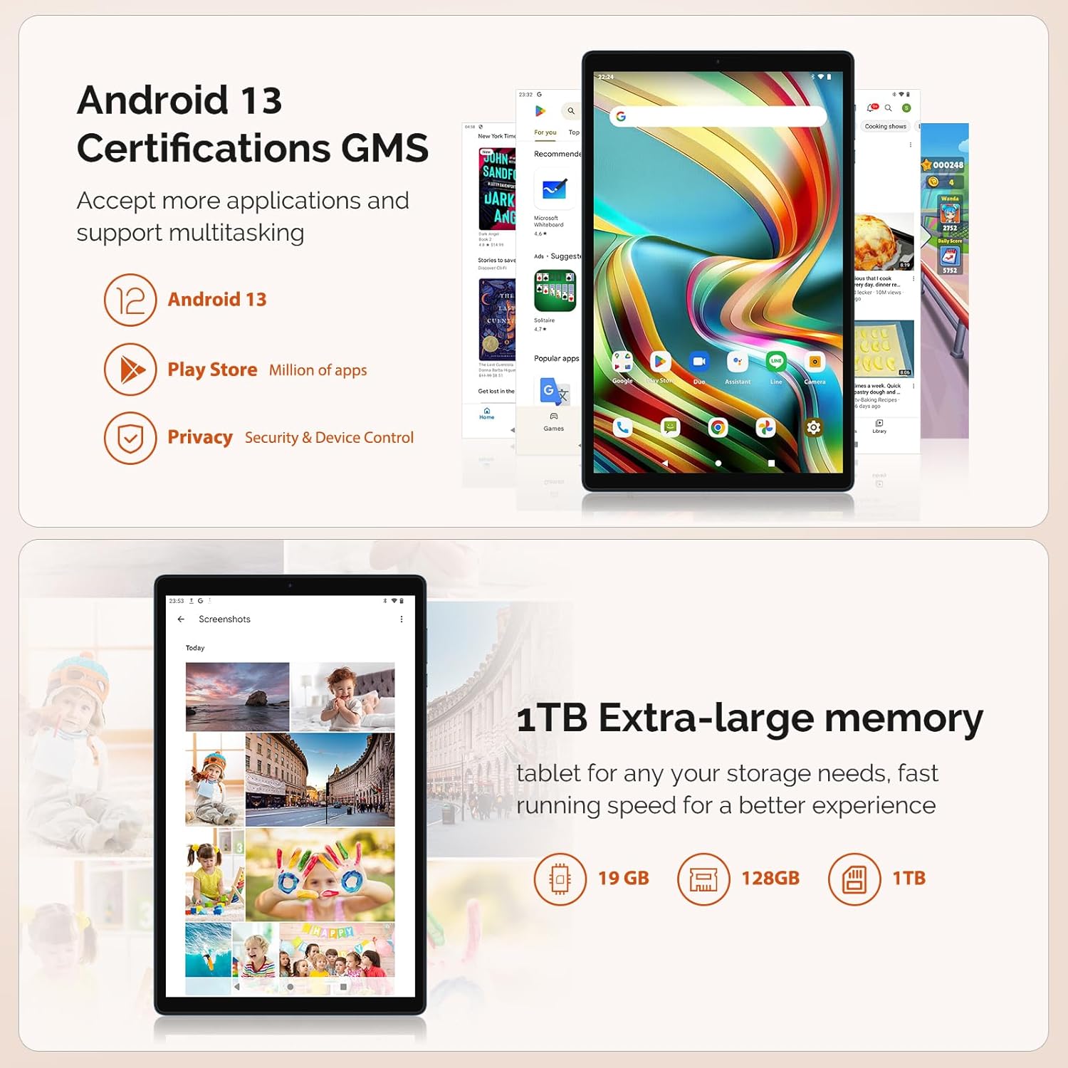 2024 Android 13 Tablet, 10.1 inch Tablet with 128GB ROM,19GB RAM, 1TB Expand, 2.0GHz cpu, 1920*1200 Incell screen, 8000mAh