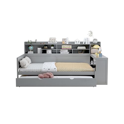 Corner Twin Bed Frame with Bookcase Storage and Desk, Wood Day Beds with 2 Drawers, Twin Size Daybed with Storage for Living Room