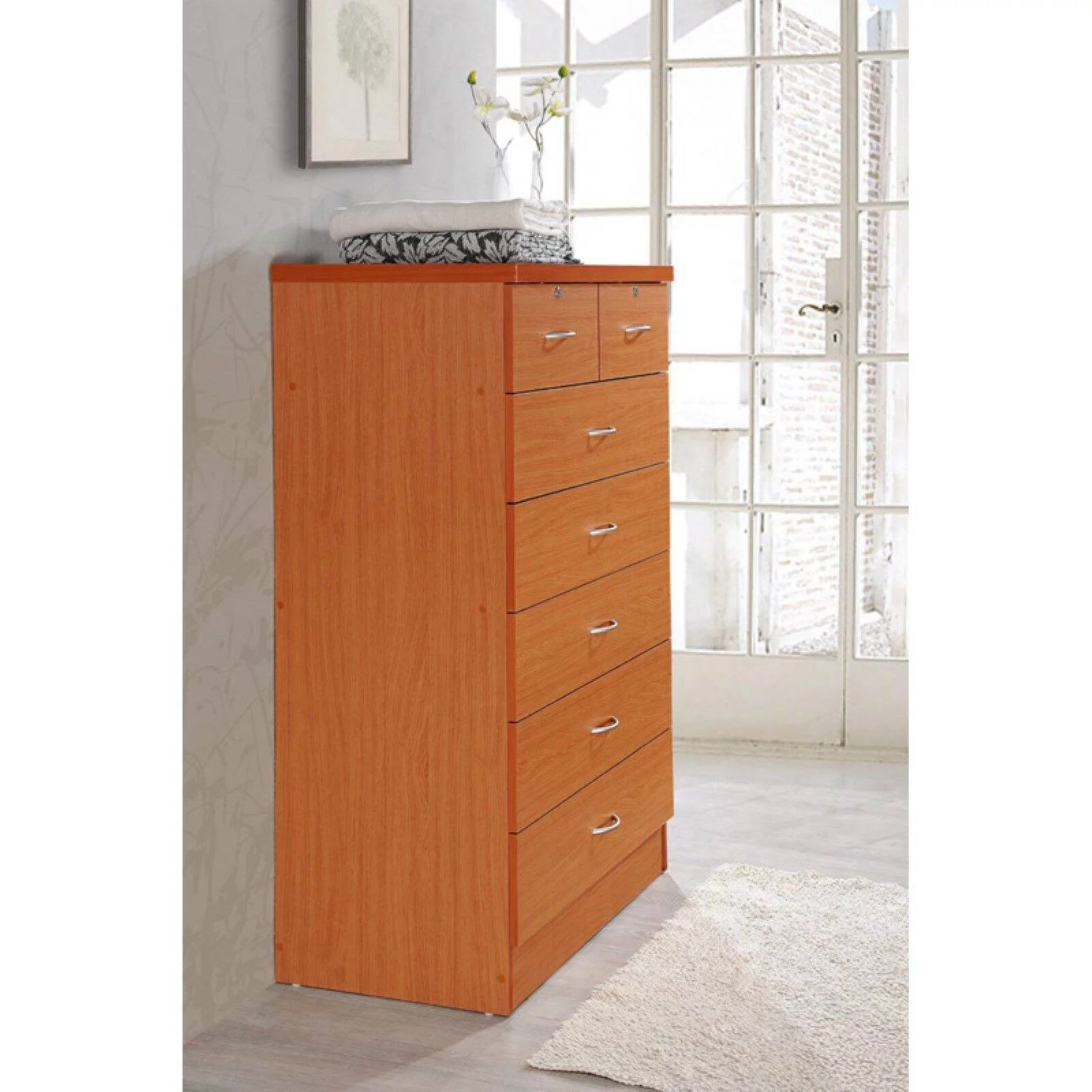 Hodedah 7 Drawer Wooden Jumbo Dresser Chest with 2 Top Locks, Cherry
