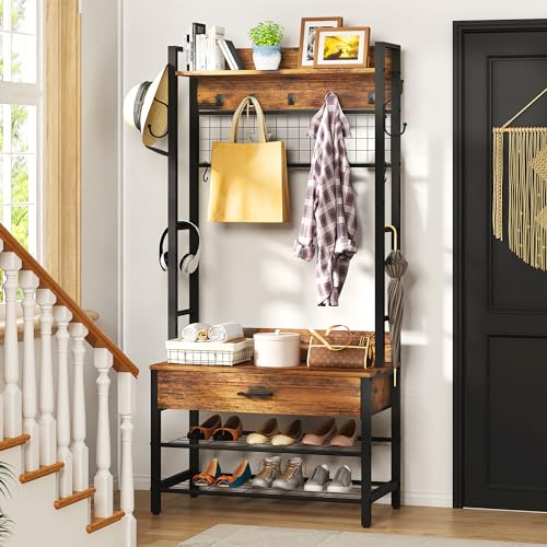 DKLGG Hall Tree with Bench and Shoe Storage for Entryway, 5-in-1 Coat Rack with Shoe Storage, Wood Look Accent Shoe and Coat Rack