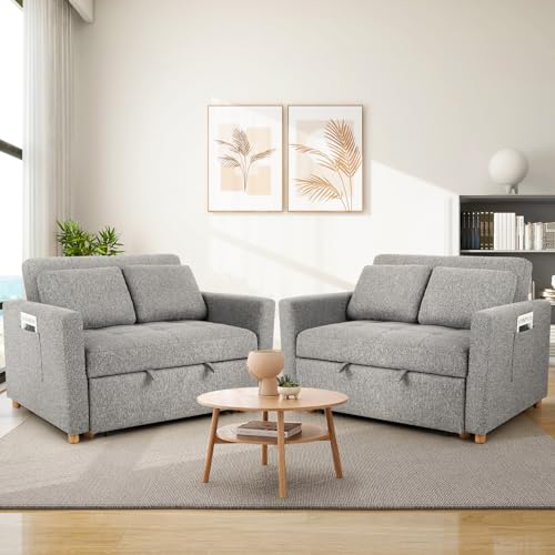 SEJOV 3-in-1 Convertible Sofa Bed, Linen Fabric Sleeper Couch Pull Out Bed, 49" 2-Seater Loveseat Futon Sofa with Spring Support