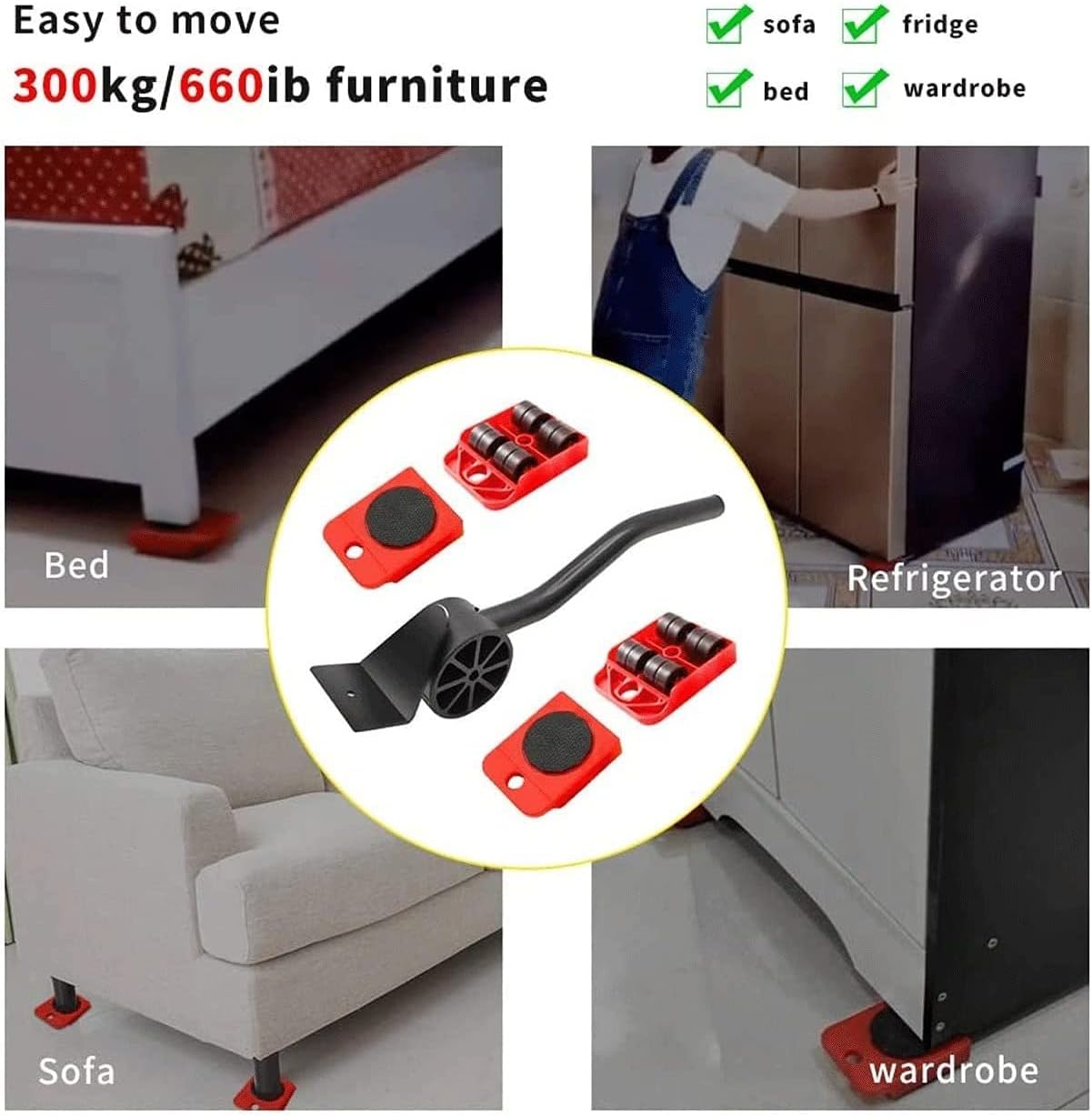 Furniture Lifter 4 Appliance Roller Sliders with 440 lbs Load Capacity Wheels + Adjustable Height Lifting Tool Lever Suitable for Safe and Easy