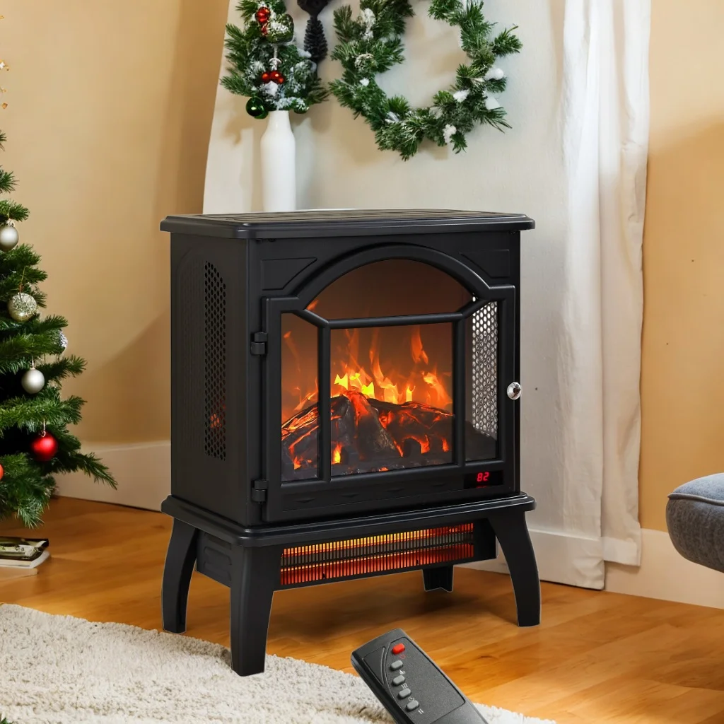 Efficient and Safe 3D Infrared Electric Stove 1500W Heater, 11 Temp Settings, Timer, and Realistic Flame Effect