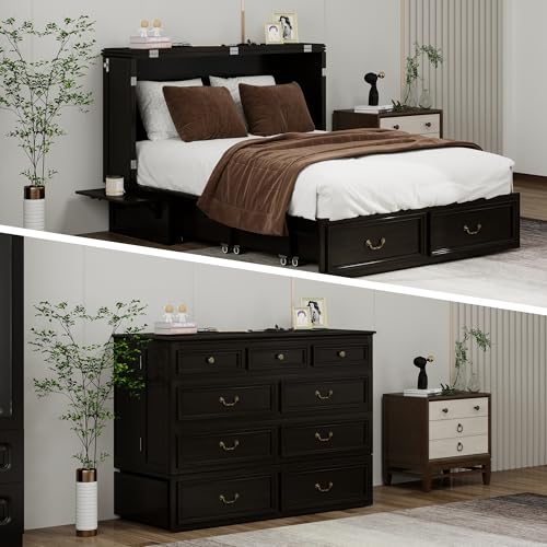 Murphy Bed Cabinet Full, Solid Wood Murphy Bed with 2 USB & 2 Charging Ports, Large Storage Drawer for Home Office or Small Space