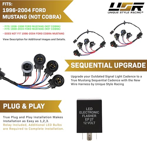 USR 96-04 Mustang V6/GT Plug and Play Tail Light Wire Harness for Sequential Signal + Total of 8 Cabnus LED Bulbs for Red Brake + White Reverse (Left