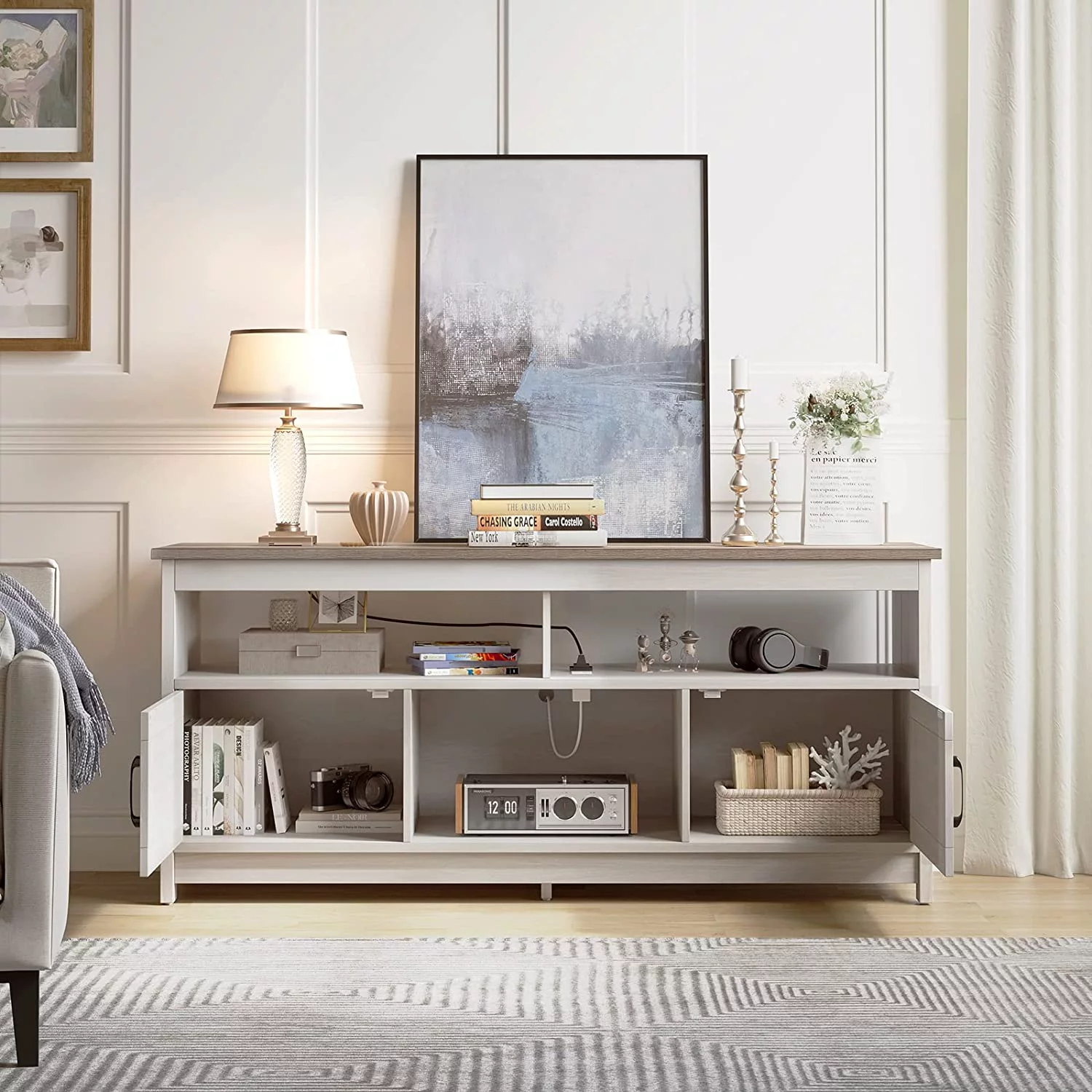 DEXTRUS Farmhouse TV Stand up to 65 inch with Power Outlet, Media Console with Storage Shelves for Living Room, Grey Wash - Curated Treasures Market