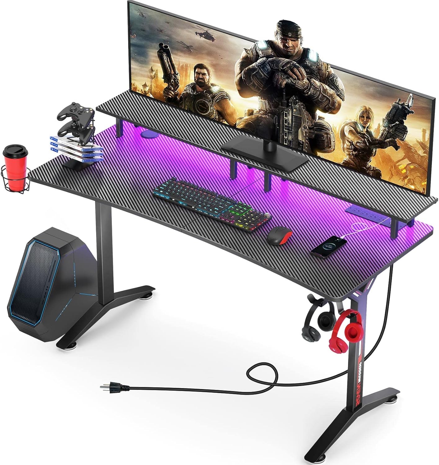 SEVEN WARRIOR Gaming Desk 55INCH with LED Strip & Power Outlets,Carbon Fiber Surface Computer Gamer Desk with Full Desk Mouse Pad
