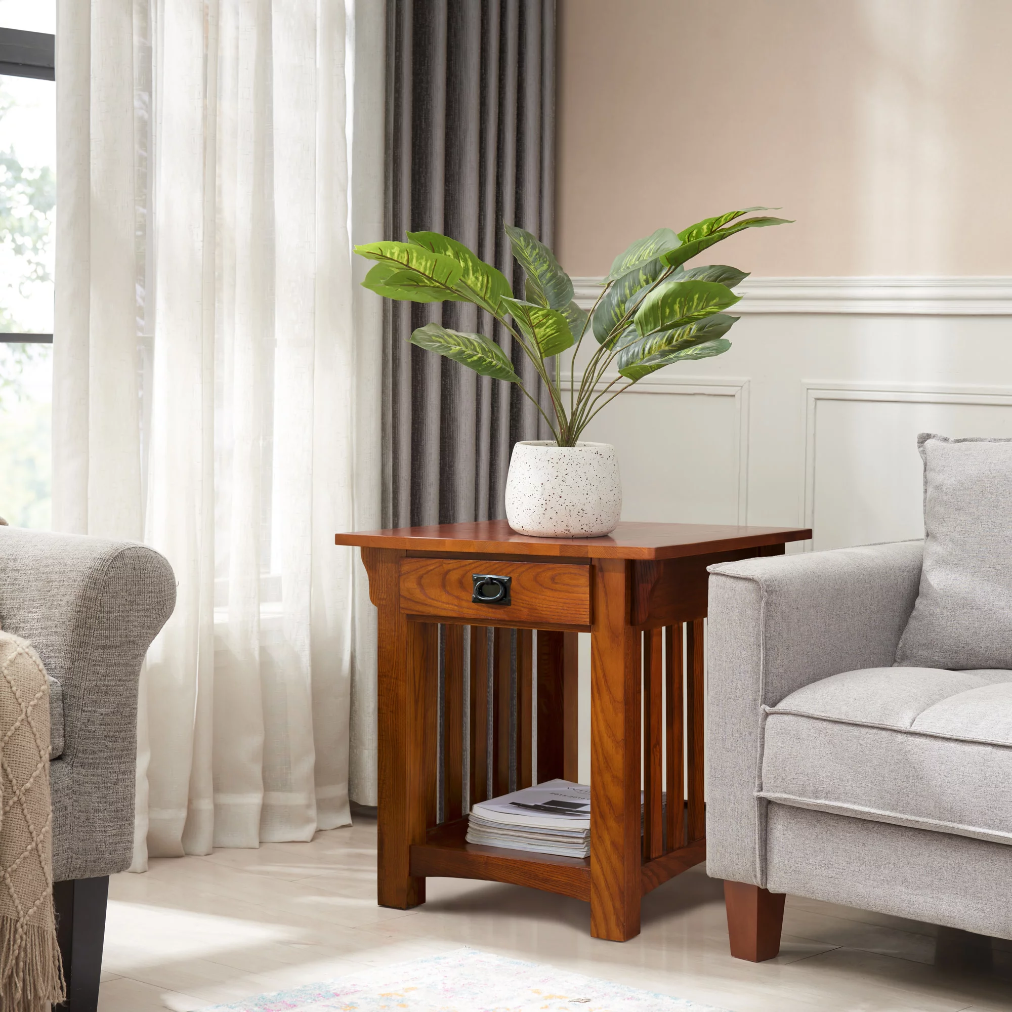 Leick Home 8207 Mission Impeccable End Table with Drawer, Made with Solid Wood, Side Table for Living Room, Bedroom, Medium Oak Finish