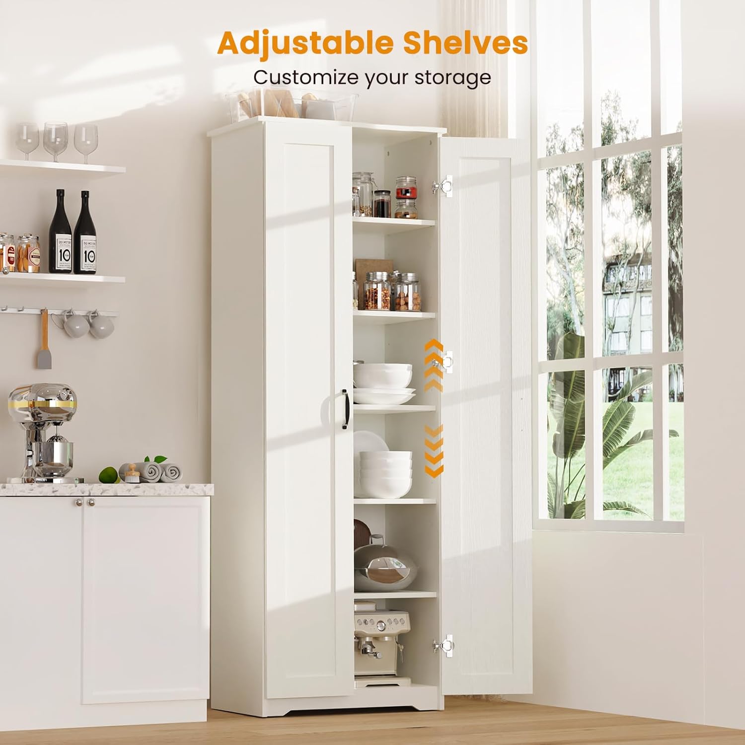 70" Tall Storage Pantry Cabinet, Bathroom Floor Organizer Storage Cabinet with 2 Doors and 6 Adjustable Shelves
