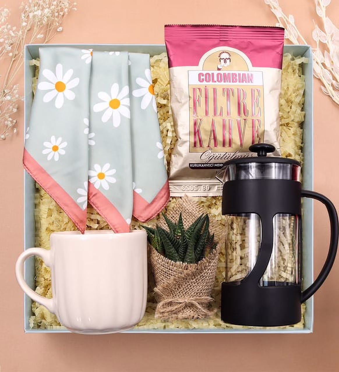 Cup & Black French Press & Mehmet Efendi Colombian Filter Coffee & Live Sukulent Flower & Daisy Patterned Foulary Set