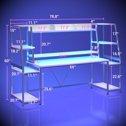 SEDETA Gaming Desk 78.8'' with LED Lights, Hutch and Storage Shelves, Computer Desk with Monitor Stand, Large PC Gamer Desk Workstation