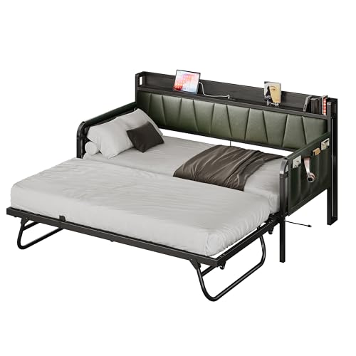 LIKIMIO Daybed with Trundle Bed, Twin Bed Frame with Storage Headboard and Charging Station, Sofa Day Bed with Strong Supports for Living Room