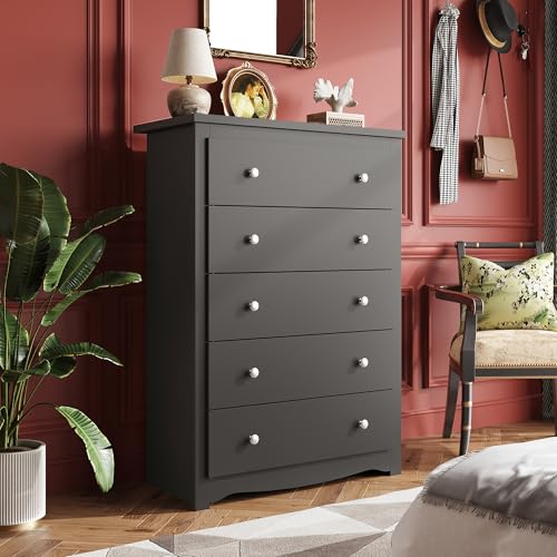 WLIVE Wood Dresser with 5 Drawers, Black Wooden Storage Cabinet, Organizer Drawers for Bedroom, Living Room, Hallway